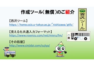 作成ツール（無償）のご紹介
【西沢ツール】
https://home.csis.u-tokyo.ac.jp/~nishizawa/gtfs/
【見える化共通入力フォーマット】
https://www.rosenzu.com/net/mieru/fm/
【その筋屋】
http://www.sinjidai.com/sujiya/
 