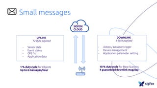 Small messages
1 % duty cycle for Objects
Up to 6 messages/hour
UPLINK
12-Byte payload
- Sensor data
- Event status
- GPS fix
- Application data
DOWNLINK
8-Byte payload
- Action / actuator trigger
- Device management
- Application parameter setting
10 % duty cycle for Base Stations
4 guaranteed downlink msg/day
SIGFOX
CLOUD
 