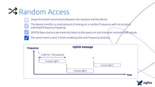Random Access
Unsynchronized transmission between the network and the device
The device transfers a small amount of energy on a random frequency with no protocol
overhead (frequency hopping)
SIGFOX Base stations permanently listen to the spectrum and interpret received UNB signals
The same frame is sent 3 times enabling time and frequency diversity
Frame1 @F1
Frame2 @F2
Frame3 @F3
Uplink message
t1
t2
t3
2.08s for 12B payload
Frequency
Time
✓
✓
✓
✓
 