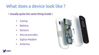 What does a device look like ?
• Usually quite the same thing inside !
• Casing
• Battery
• Sensors
• Microcontroller
• Sigfox Modem
• Antenna
 
