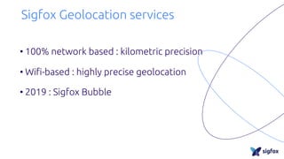 Sigfox Geolocation services
• 100% network based : kilometric precision
• Wifi-based : highly precise geolocation
• 2019 : Sigfox Bubble
 