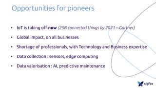 • IoT is taking off now (25B connected things by 2021 – Gartner)
• Global impact, on all businesses
• Shortage of professionals, with Technology and Business expertise
• Data collection : sensors, edge computing
• Data valorisation : AI, predictive maintenance
Opportunities for pioneers
 