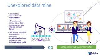 Unexplored data mine
Internet has
demonstrated the
value of data
The volume of
sensor-based data
we can extract from
objects is much
larger
IoT aims at providing
the means to
customers
to extract value from
data generated
in the physical world
MARKET PAIN POINT SIGFOX DISRUPTIVE VALUE PROPOSITON
 