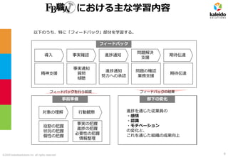 ©2020 kaleidosolutions inc. all rights reserved
における主な学習内容
4
導入 事実確認 進捗通知
問題解決
支援
期待伝達
精神支援
事実通知
質問
傾聴
進捗通知
努力への承認
問題の確認
業務支援
期待伝達
フィードバック
対象の理解 行動観察
役割の把握
状況の把握
個性の把握
事実の把握
進捗の把握
必要性の把握
情報整理
事前準備
フィードバックを行う前提 フィードバックの結果
部下の変化
進捗を通じた従業員の
・感情
・認識
・モチベーション
の変化と、
これを通じた組織の成果向上
以下のうち、特に「フィードバック」部分を学習する。
 