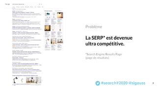 7
Problème
La SERP* est devenue
ultra compétitive.
*Search Engine Results Page
(page de résultats)
 
