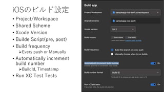 iOSのビルド設定
• Project/Workspace
• Shared Scheme
• Xcode Version
• Builde Script(pre, post)
• Build frequency
Every push or Manually
• Automatically increment
build number
BuildId, Timestamp
• Run XC Test Tests
10
 