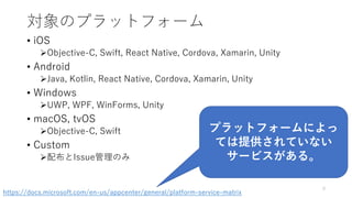 対象のプラットフォーム
• iOS
Objective-C, Swift, React Native, Cordova, Xamarin, Unity
• Android
Java, Kotlin, React Native, Cordova, Xamarin, Unity
• Windows
UWP, WPF, WinForms, Unity
• macOS, tvOS
Objective-C, Swift
• Custom
配布とIssue管理のみ
9
プラットフォームによっ
ては提供されていない
サービスがある。
https://docs.microsoft.com/en-us/appcenter/general/platform-service-matrix
 