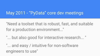 May 2011
"Need a toolset that is robust, fast, and suitable
for a production environment..."
"... but also good for interactive research... "
"... and easy / intuitive for non-software
engineers to use"
May 2011 - “PyData” core dev meetings
 