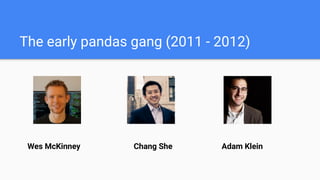The early pandas gang (2011 - 2012)
Wes McKinney Chang She Adam Klein
 