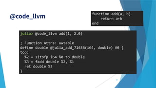 julia> @code_llvm add(1, 2.0)
; Function Attrs: uwtable
define double @julia_add_71636(i64, double) #0 {
top:
%2 = sitofp i64 %0 to double
%3 = fadd double %2, %1
ret double %3
}
function add(a, b)
return a+b
end
38
 