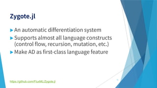 


73
https://github.com/FluxML/Zygote.jl
 