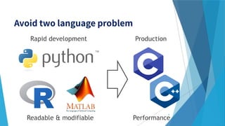 6
Rapid development Production
Readable & modifiable Performance
 