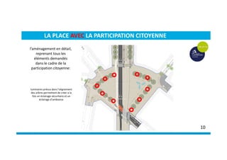 luminaires prévus dans l’alignement
des arbres permettant de créer à la
fois un éclairage sécuritaire et un
éclairage d’ambiance
LA PLACE AVEC LA PARTICIPATION CITOYENNE
10
l’aménagement en détail,
reprenant tous les
éléments demandés
dans le cadre de la
participation citoyenne:
 