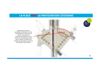 suppression de l’accès en
automobile individuel de la rue du
Fort Bourbon vers l’Avenue de la
Liberté. Cet espace sera
entièrement piétonnisé et mis à
niveau avec l’ensemble de la place
avec un espace circulable le cas
échéant par des engins de service et
des véhicules d’intervention.
LA PLACE AVEC LA PARTICIPATION CITOYENNE
5
 
