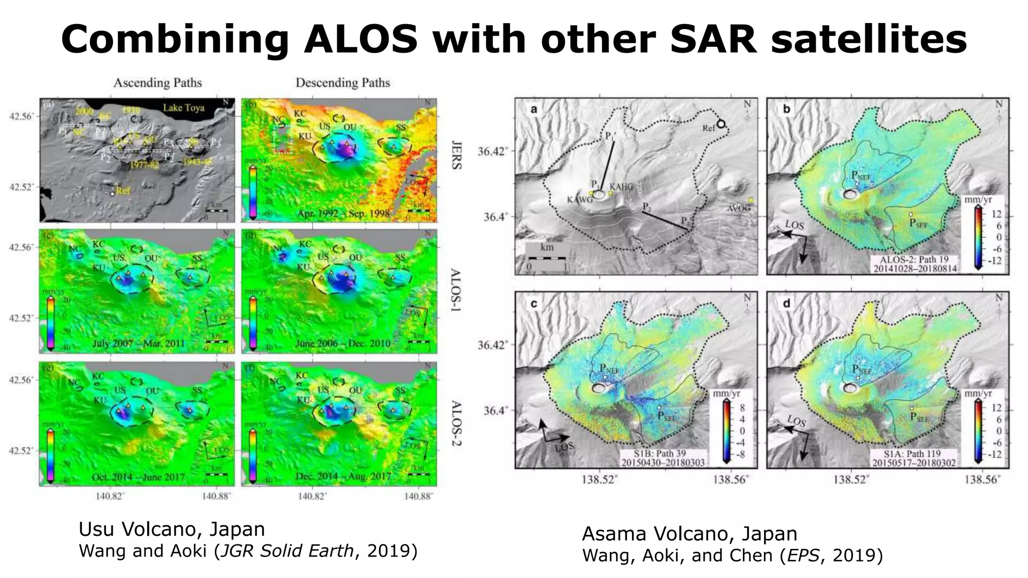 Combining ALOS with other SAR satellites
Asama Volcano, Japan
Wang, Aoki, and Chen (EPS, 2019)
Usu Volcano, Japan
Wang and Aoki (JGR Solid Earth, 2019)
 