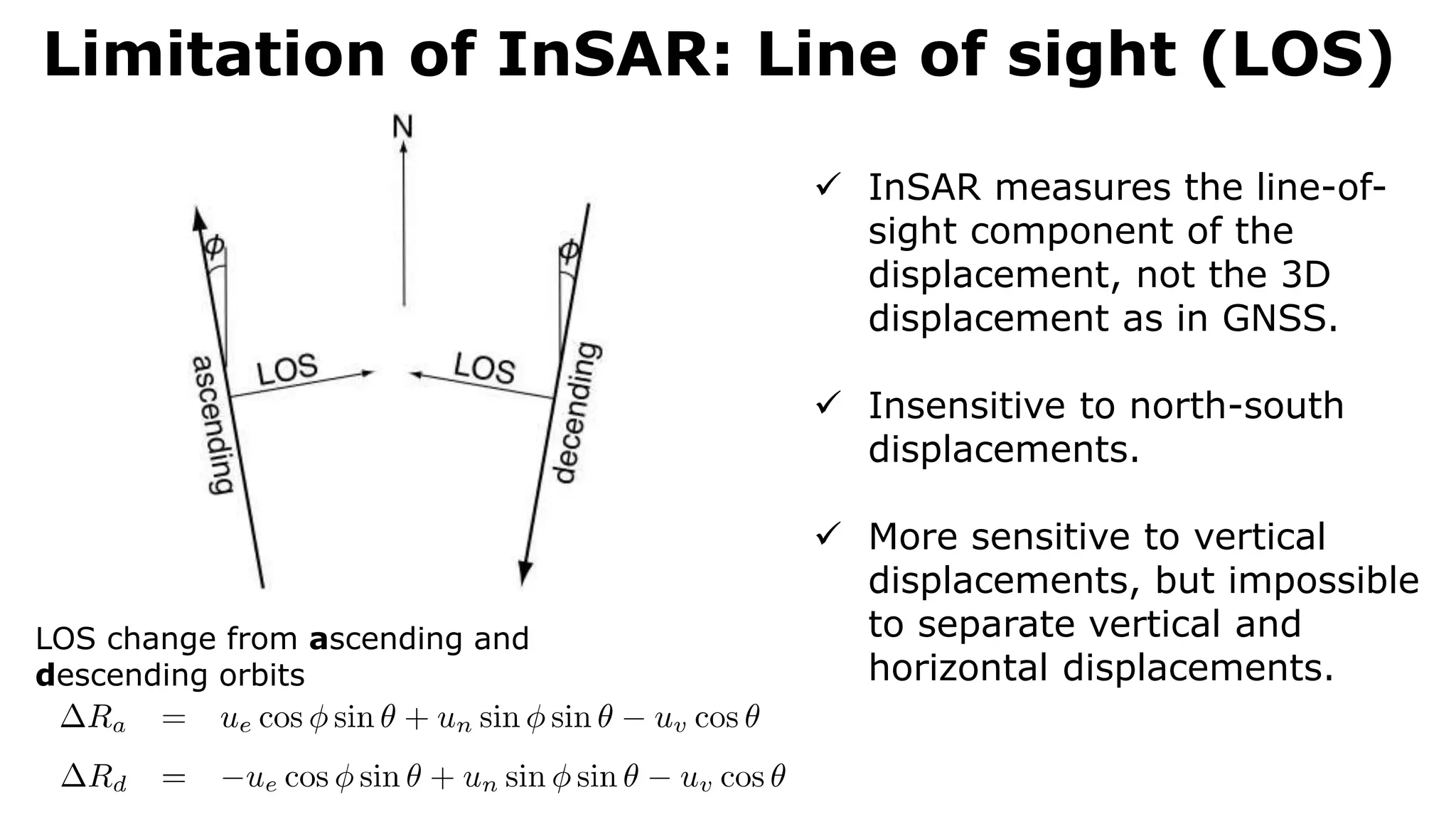 Limitation of InSAR: Line of sight (LOS)
 InSAR measures the line-of-
sight component of the
displacement, not the 3D
displacement as in GNSS.
 Insensitive to north-south
displacements.
 More sensitive to vertical
displacements, but impossible
to separate vertical and
horizontal displacements.
LOS change from ascending and
descending orbits
 