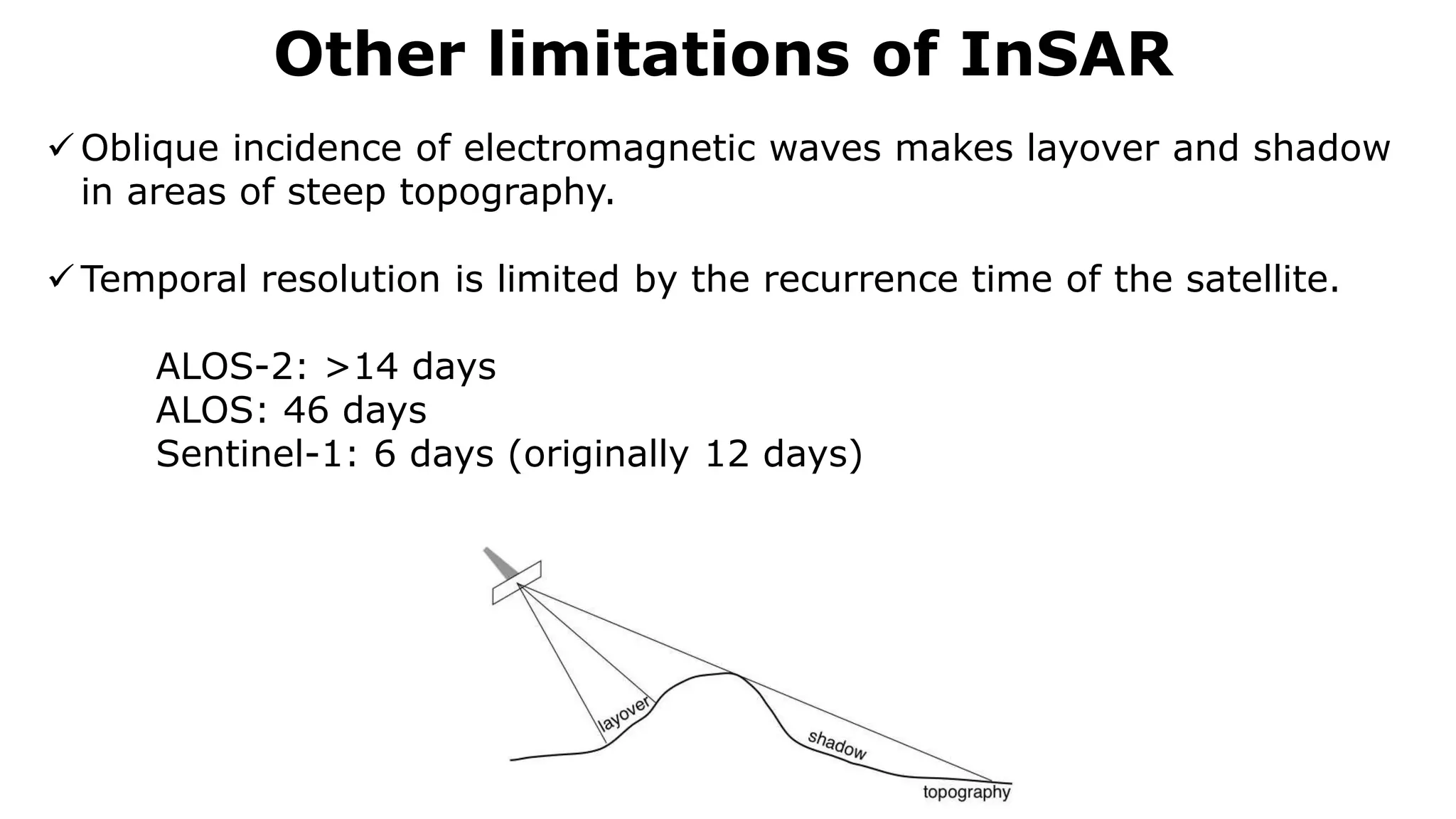 Other limitations of InSAR
 Oblique incidence of electromagnetic waves makes layover and shadow
in areas of steep topography.
 Temporal resolution is limited by the recurrence time of the satellite.
ALOS-2: >14 days
ALOS: 46 days
Sentinel-1: 6 days (originally 12 days)
 