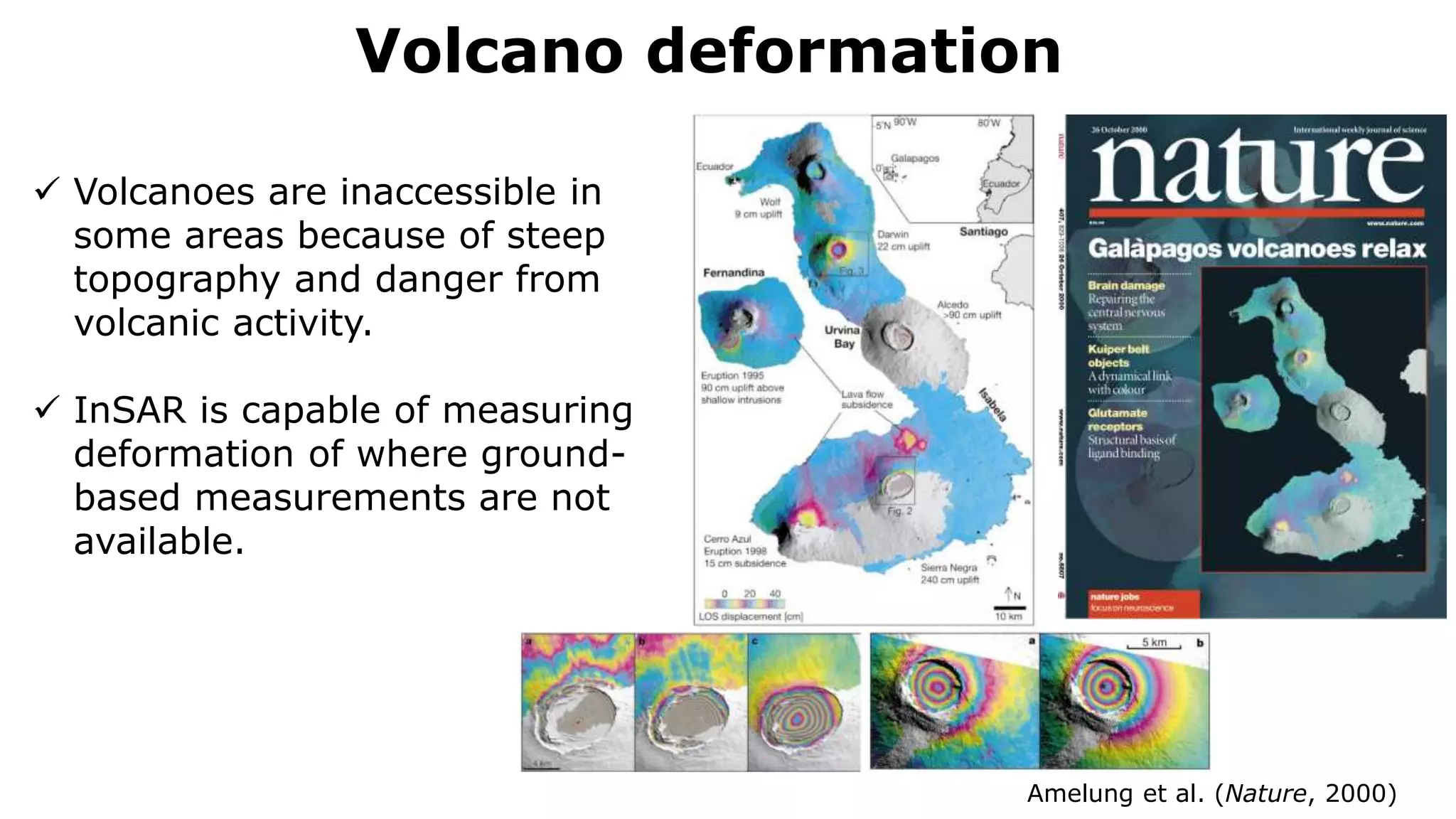 Volcano deformation
Amelung et al. (Nature, 2000)
 Volcanoes are inaccessible in
some areas because of steep
topography and danger from
volcanic activity.
 InSAR is capable of measuring
deformation of where ground-
based measurements are not
available.
 
