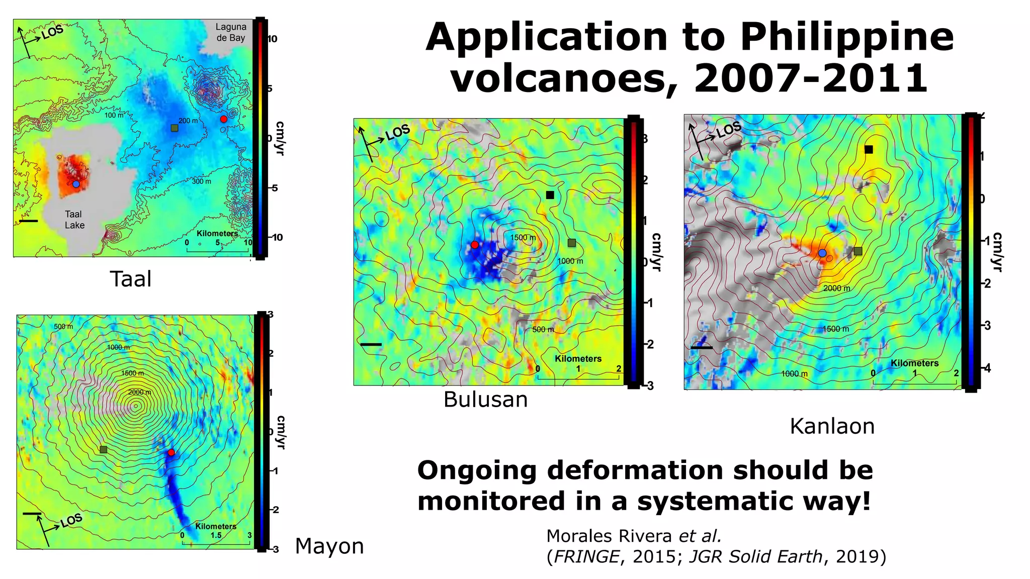 Application to Philippine
volcanoes, 2007-2011
Morales Rivera et al.
(FRINGE, 2015; JGR Solid Earth, 2019)
various regions within the area (Fig. 2).
0 105
Kilometers
¯
100 m
300 m
200 m
0 105
Kilometers
¯
100 m
300 m
200 m
¯
100 m
300 m
200 m
0 0.2 0.4 0.6 0.8 1
0
0.1
0.2
0.3
0.4
0.5
0.6
0.7
0.8
0.9
1
−10
−5
0
5
10
cm/yr
Taal
Lake
LOS Laguna
de Bay
Kilometers
500 m
1000 m
1500 m
2000 m
0 31.5
Kilometers
¯
500 m
1000 m
1500 m
2000 m
¯
100 m
300 m
200 m
0 0.2 0.4 0.6 0.8 1
0
0.1
0.2
0.3
0.4
0.5
0.6
0.7
0.8
0.9
1
−3
−2
−1
0
1
2
3
cm/yr
LOS
t could possibly serve as evidence of the
ctonic interactions within the region. The
ould suggest that pressurization of the
system led to inflation of the volcano,
in stress transfers within the region and
while the volcano continued to inflate. But
ata and modeling is necessary to have an
ding of the interactions occurring within the
hich is out of the scope of this study.
on
olcano erupted lava flows during 2006 that
placed in the SE flank of the volcano
ian Institute, Global volcanism report,
at http://www.volcano.si.edu). A LOS
decrease is observed at Mayon volcano over
osits, with a maximum rate of 3.5 cm/yr, likely
with cooling and compaction (Fig. 3).
3.3. Bulusan
LOS velocity decrease is observed on the Western Flank
of Bulusan volcano (Fig. 4), at a maximum rate of 3.5
cm/yr. The signal coincides with the end of the 2007
eruption phase, indicating possible depressurization of
the volcanic system.
0 21
Kilometers
¯
1500 m
1000 m
500 m
0 21
Kilometers
¯
1500 m
1000 m
500 m
0 105
Kilometers
¯
100 m
300 m
200 m
cm/yr
LOS
0 0.2 0.4 0.6 0.8 1
0
0.1
0.2
0.3
0.4
0.5
0.6
0.7
0.8
0.9
1
−3
−2
−1
0
1
2
3
Taal
Mayon
Bulusan
Kanlaon
deforming area is unknown due to the loss of coherence
towards the W-SW flank of the volcano. The signal
appears to be morphostructurally confined within a
valley, and several scarp features can be observed with
Google Earth imagery, suggesting that mass movements
are the likely cause of the signal.
0 21
Kilometers
¯
1500 m
2000 m
1000 m 0 21
Kilometers
¯
1500 m
2000
1000 m
0 105
Kilometers
¯
100 m
300 m
200 m
cm/yr
LOS
0 0.2 0.4 0.6 0.8 1
0
0.1
0.2
0.3
0.4
0.5
0.6
0.7
0.8
0.9
1
−4
−3
−2
−1
0
1
2
Ongoing deformation should be
monitored in a systematic way!
 