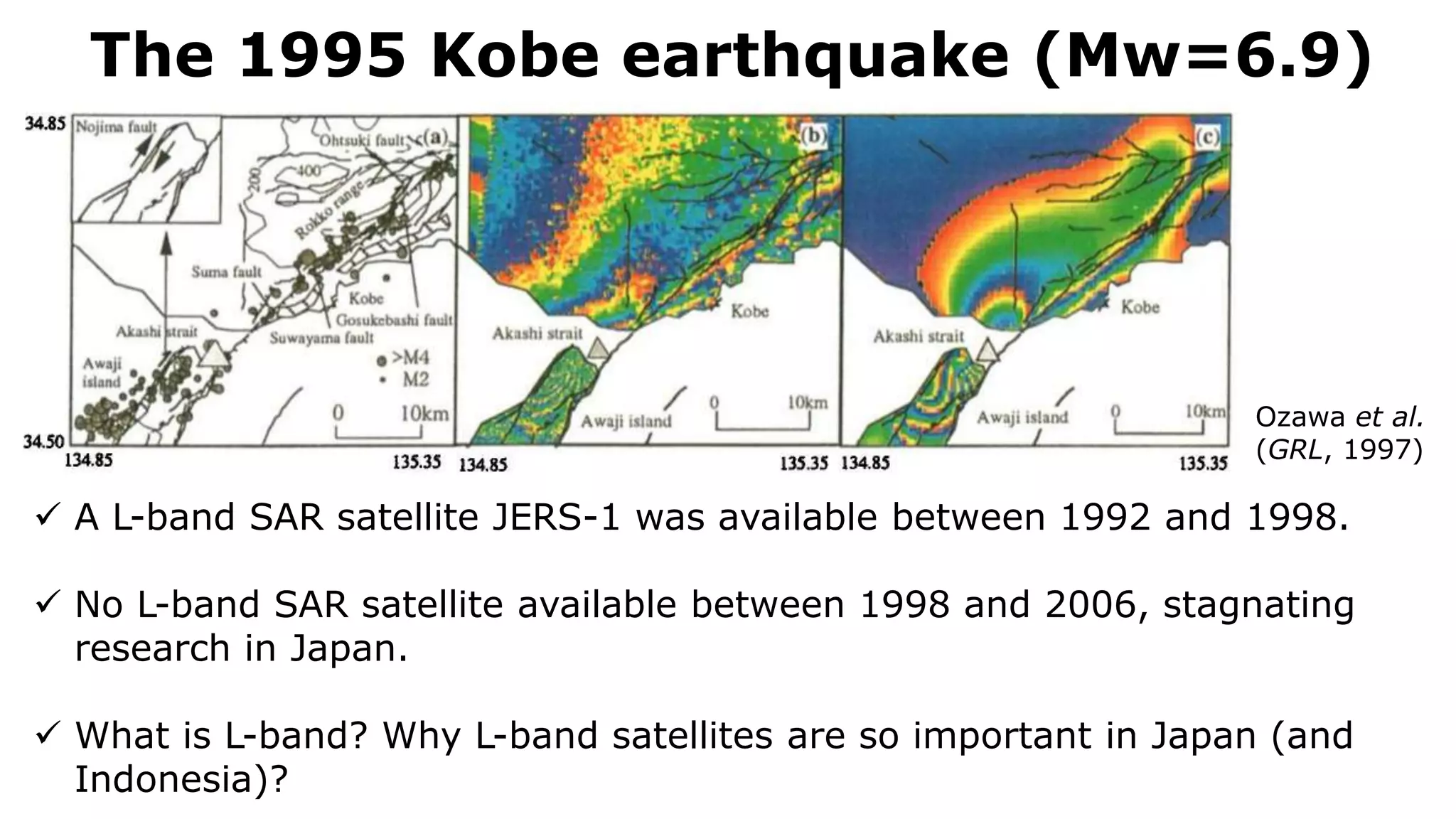 The 1995 Kobe earthquake (Mw=6.9)
Ozawa et al.
(GRL, 1997)
 A L-band SAR satellite JERS-1 was available between 1992 and 1998.
 No L-band SAR satellite available between 1998 and 2006, stagnating
research in Japan.
 What is L-band? Why L-band satellites are so important in Japan (and
Indonesia)?
 