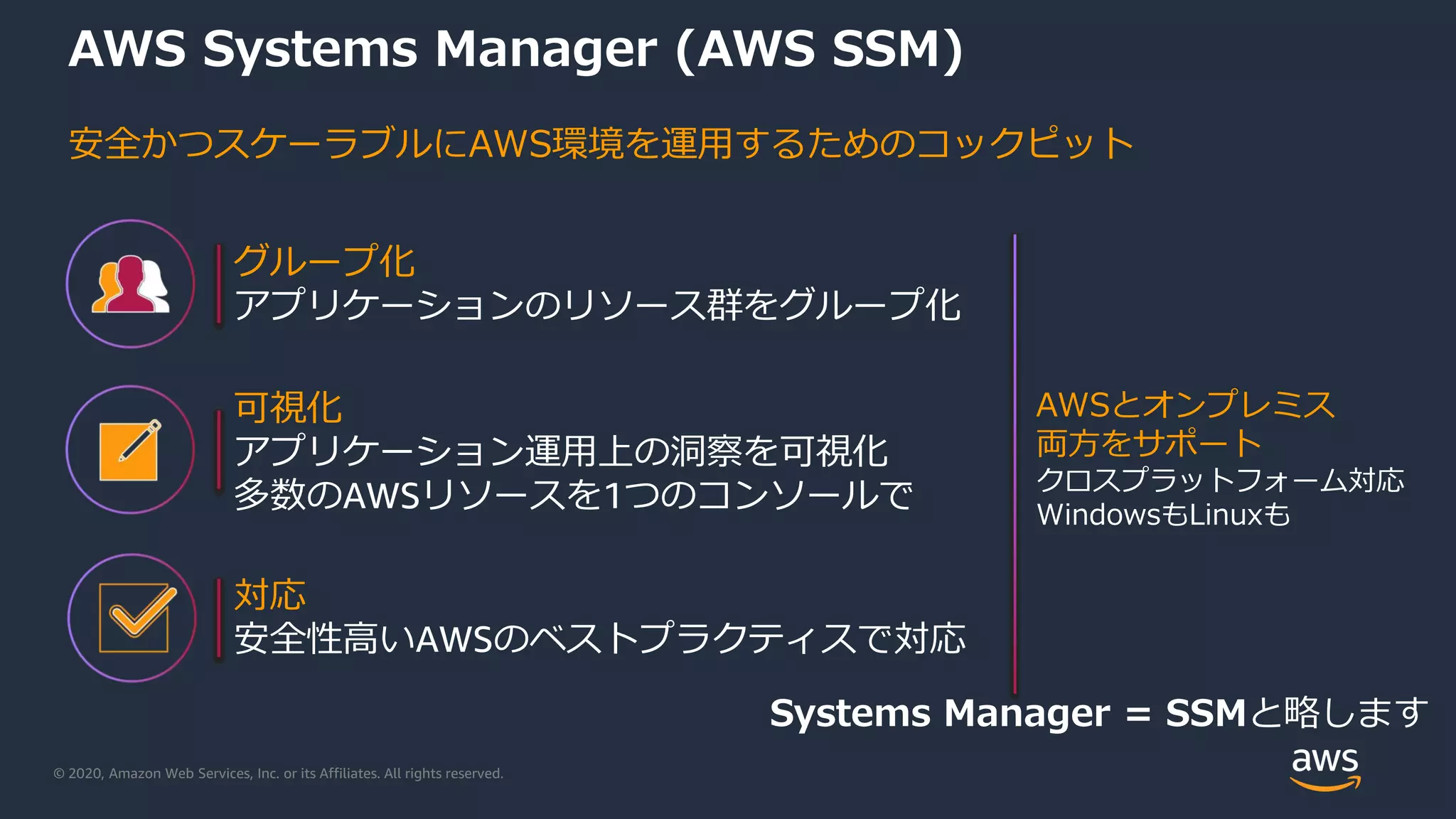 © 2020, Amazon Web Services, Inc. or its Affiliates. All rights reserved.
AWS Systems Manager (AWS SSM)
安全かつスケーラブルにAWS環境を運用するためのコックピット
グループ化
アプリケーションのリソース群をグループ化
可視化
アプリケーション運用上の洞察を可視化
多数のAWSリソースを1つのコンソールで
対応
安全性高いAWSのベストプラクティスで対応
AWSとオンプレミス
両方をサポート
クロスプラットフォーム対応
WindowsもLinuxも
Systems Manager = SSMと略します
 