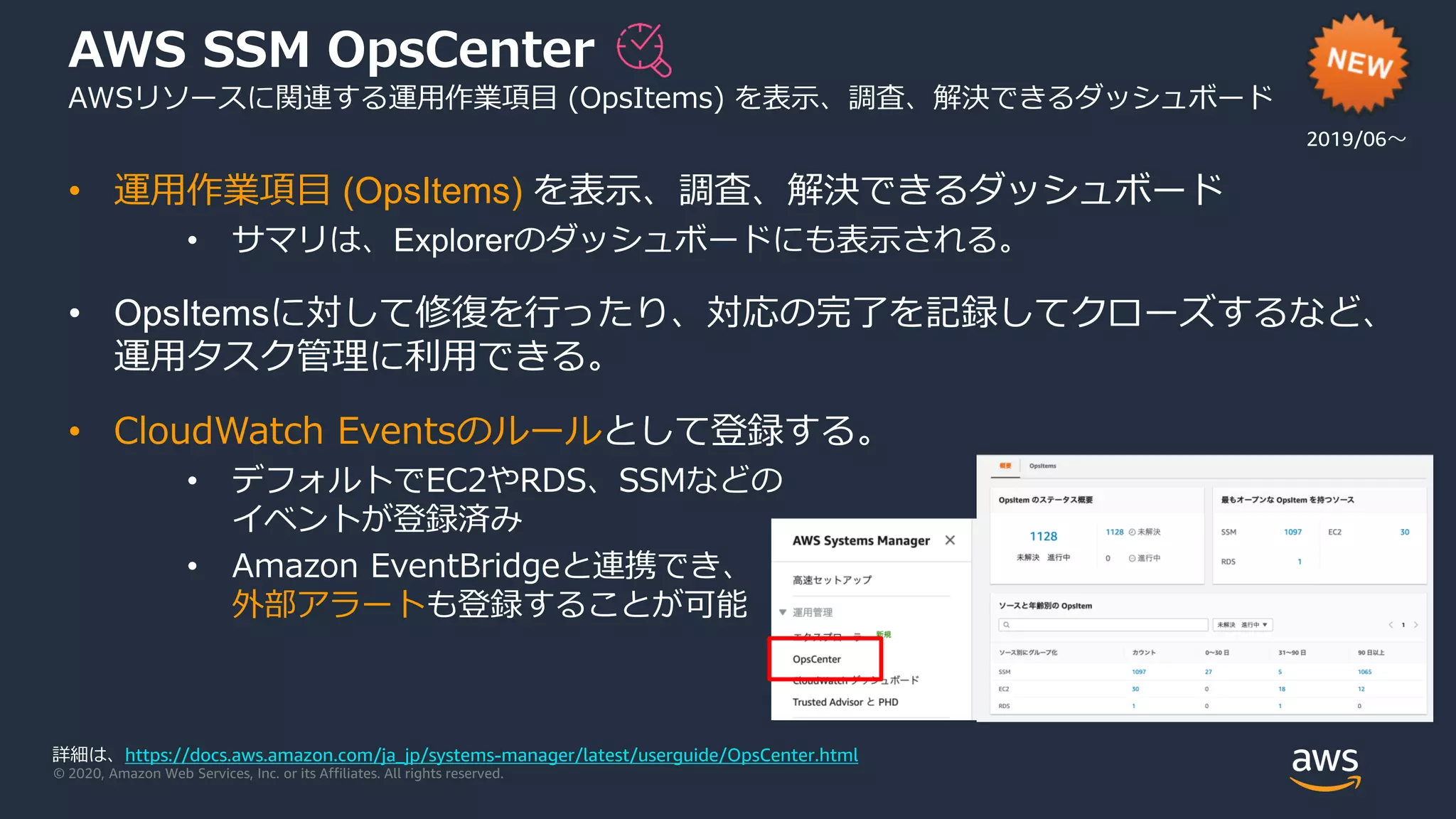 © 2020, Amazon Web Services, Inc. or its Affiliates. All rights reserved.
AWS SSM OpsCenter
AWSリソースに関連する運用作業項目 (OpsItems) を表示、調査、解決できるダッシュボード
• 運用作業項目 (OpsItems) を表示、調査、解決できるダッシュボード
• サマリは、Explorerのダッシュボードにも表示される。
• OpsItemsに対して修復を行ったり、対応の完了を記録してクローズするなど、
運用タスク管理に利用できる。
• CloudWatch Eventsのルールとして登録する。
• デフォルトでEC2やRDS、SSMなどの
イベントが登録済み
• Amazon EventBridgeと連携でき、
外部アラートも登録することが可能
2019/06〜
詳細は、https://docs.aws.amazon.com/ja_jp/systems-manager/latest/userguide/OpsCenter.html
 