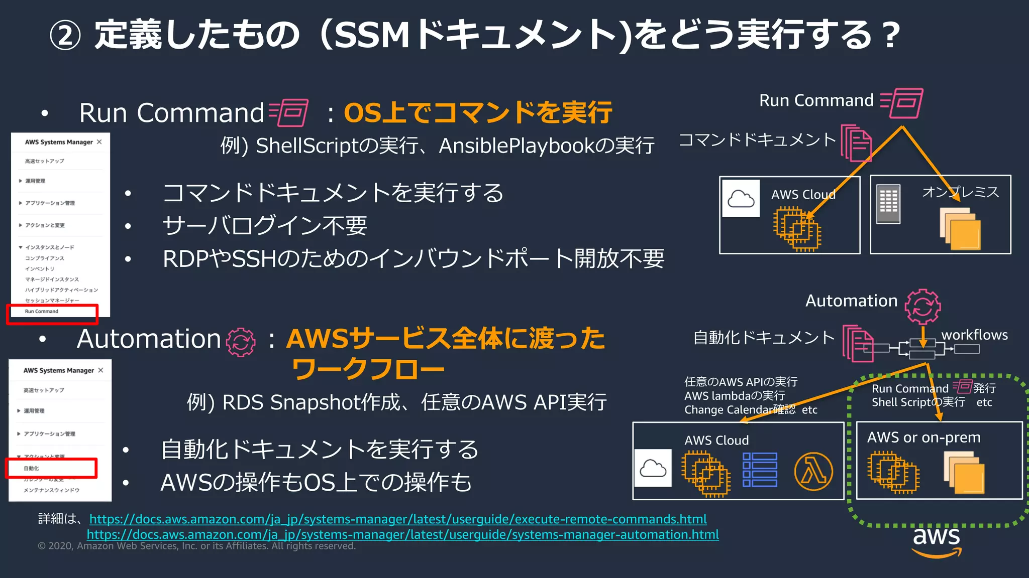 © 2020, Amazon Web Services, Inc. or its Affiliates. All rights reserved.
② 定義したもの（SSMドキュメント)をどう実行する？
• Run Command ：OS上でコマンドを実行
例) ShellScriptの実行、AnsiblePlaybookの実行
• コマンドドキュメントを実行する
• サーバログイン不要
• RDPやSSHのためのインバウンドポート開放不要
Run Command
AWS Cloud オンプレミス
コマンドドキュメント
• Automation : AWSサービス全体に渡った
ワークフロー
例) RDS Snapshot作成、任意のAWS API実行
• 自動化ドキュメントを実行する
• AWSの操作もOS上での操作も
workflows自動化ドキュメント
任意のAWS APIの実行
AWS lambdaの実行
Change Calendar確認 etc
Automation
AWS Cloud AWS or on-prem
Run Command 発行
Shell Scriptの実行 etc
詳細は、https://docs.aws.amazon.com/ja_jp/systems-manager/latest/userguide/execute-remote-commands.html
https://docs.aws.amazon.com/ja_jp/systems-manager/latest/userguide/systems-manager-automation.html
 