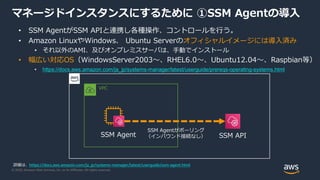 © 2020, Amazon Web Services, Inc. or its Affiliates. All rights reserved.
マネージドインスタンスにするために ①SSM Agentの導入
SSM APISSM Agent
VPC
SSM Agentがポーリング
（インバウンド接続なし）
• SSM AgentがSSM APIと連携し各種操作、コントロールを行う。
• Amazon LinuxやWindows、 Ubuntu Serverのオフィシャルイメージには導入済み
• それ以外のAMI、及びオンプレミスサーバは、手動でインストール
• 幅広い対応OS（WindowsServer2003〜、RHEL6.0〜、Ubuntu12.04〜、Raspbian等）
• https://docs.aws.amazon.com/ja_jp/systems-manager/latest/userguide/prereqs-operating-systems.html
詳細は、https://docs.aws.amazon.com/ja_jp/systems-manager/latest/userguide/ssm-agent.html
 
