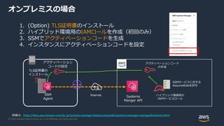 © 2020, Amazon Web Services, Inc. or its Affiliates. All rights reserved.
オンプレミスの場合
1. (Option) TLS証明書のインストール
2. ハイブリッド環境用のIAMロールを作成（初回のみ）
3. SSMでアクティベーションコードを生成
4. インスタンスにアクティベーションコードを設定
Systems
Manger API
アクティベーション
コードの設定
SSM
Agent
Internet ハイブリッド環境用の
IAMサービスロール
SSMサービスに対する
AssumeRoleを許可
詳細は、https://docs.aws.amazon.com/ja_jp/systems-manager/latest/userguide/systems-manager-managedinstances.html
TLS証明書の
インストール
アクティベーションコード
の作成
 
