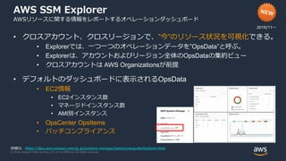 © 2020, Amazon Web Services, Inc. or its Affiliates. All rights reserved.
AWS SSM Explorer
AWSリソースに関する情報をレポートするオペレーションダッシュボード
• クロスアカウント、クロスリージョンで、”今”のリソース状況を可視化できる。
• Explorerでは、一つ一つのオペレーションデータを”OpsData”と呼ぶ。
• Explorerは、アカウントおよびリージョン全体のOpsDataの集約ビュー
• クロスアカウントは AWS Organizationsが前提
• デフォルトのダッシュボードに表示されるOpsData
• EC2情報
• EC2インスタンス数
• マネージドインスタンス数
• AMI別インスタンス
• OpsCenter OpsItems
• パッチコンプライアンス
2019/11〜
詳細は、https://docs.aws.amazon.com/ja_jp/systems-manager/latest/userguide/Explorer.html
 