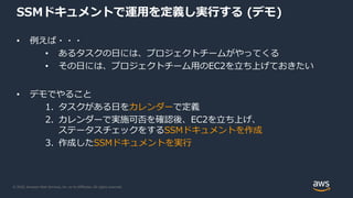 © 2020, Amazon Web Services, Inc. or its Affiliates. All rights reserved.
SSMドキュメントで運用を定義し実行する (デモ)
• 例えば・・・
• あるタスクの日には、プロジェクトチームがやってくる
• その日には、プロジェクトチーム用のEC2を立ち上げておきたい
• デモでやること
1. タスクがある日をカレンダーで定義
2. カレンダーで実施可否を確認後、EC2を立ち上げ、
ステータスチェックをするSSMドキュメントを作成
3. 作成したSSMドキュメントを実行
 
