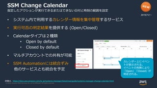 © 2020, Amazon Web Services, Inc. or its Affiliates. All rights reserved.
SSM Change Calendar
指定したアクションが実行できるまたはできない日付と時刻の範囲を設定
• システム内で利用するカレンダー情報を集中管理するサービス
• 実行可否の判定結果を提供する (Open/Closed)
• Calendarタイプは２種類
• Open by default
• Closed by default
• マルチアカウントでの共有が可能
• SSM Automationには統合ずみ
他のサービスとも統合を予定
2019/12〜
カレンダー上にイベン
トが表示される。
イベントの有無により
「Open」「Closed」が
判定される。
詳細は、https://docs.aws.amazon.com/ja_jp/systems-manager/latest/userguide/systems-manager-change-calendar.html
 