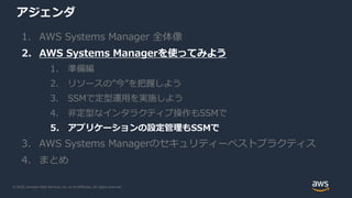© 2020, Amazon Web Services, Inc. or its Affiliates. All rights reserved.
アジェンダ
1. AWS Systems Manager 全体像
2. AWS Systems Managerを使ってみよう
1. 準備編
2. リソースの”今”を把握しよう
3. SSMで定型運用を実施しよう
4. 非定型なインタラクティブ操作もSSMで
5. アプリケーションの設定管理もSSMで
3. AWS Systems Managerのセキュリティーベストプラクティス
4. まとめ
 