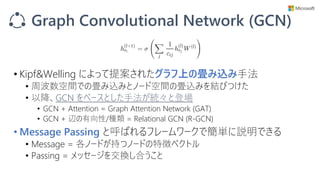 Graph Convolutional Network (GCN)
• Kipf&Welling によって提案されたグラフ上の畳み込み手法
• 周波数空間での畳み込みとノード空間の畳込みを結びつけた
• 以降、GCN をベースとした手法が続々と登場
• GCN + Attention = Graph Attention Network (GAT)
• GCN + 辺の有向性/種類 = Relational GCN (R-GCN)
• Message Passing と呼ばれるフレームワークで簡単に説明できる
• Message = 各ノードが持つノードの特徴ベクトル
• Passing = メッセージを交換し合うこと
 