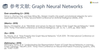 参考文献: Graph Neural Networks
Over-smoothing (Li+ 2018)
Qimai Li, Zhichao Han, and Xiao-Ming Wu. Deeper insights into graph convolutional networks for semi-
supervised learning. In Thirty-Second AAAI Conference on Artificial Intelligence (AAAI), 2018.
(Morris+ 2019)
Morris, Christopher, et al. “Weisfeiler and Leman Go Neural: Higher-Order Graph Neural Networks.” AAAI
2019 : Thirty-Third AAAI Conference on Artificial Intelligence, vol. 33, no. 1, 2019, pp. 4602–4609.
(Xu+ 2019)
Xu, Keyulu, et al. “How Powerful Are Graph Neural Networks.” ICLR 2019 : 7th International Conference on
Learning Representations, 2019.
(Dehmamy+ 2019)
Dehmamy, Nima, et al. “Understanding the Representation Power of Graph Neural Networks in Learning
Graph Topology.” NeurIPS 2019 : Thirty-Third Conference on Neural Information Processing Systems, 2019,
pp. 15387–15397.
 
