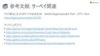 参考文献: サーベイ関連
グラフ構造にまつわるサーベイ結果まとめ GNNからApplicationsまで Part1 - ログミーTech
https://logmi.jp/tech/articles/321767
サーベイ レポジトリ
• https://github.com/naganandy/graph-based-deep-learning-literature
• https://github.com/nnzhan/Awesome-Graph-Neural-Networks
• https://github.com/benedekrozemberczki/awesome-graph-classification
• https://github.com/thunlp/GNNPapers
• https://awesomeopensource.com/project/yazdotai/graph-networks
 