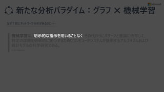 新たな分析パラダイム：グラフ ✕ 機械学習
機械学習は、明示的な指示を用いることなく、その代わりにパターンと推論に依存して、
特定の課題を効率的に実行するためにコンピュータシステムが使用するアルゴリズムおよび
統計モデルの科学研究である。
なぜ？既にネットワーク分析があるのに・・・
(出典: Wikipedia)
明示的な指示を用いることなく
 
