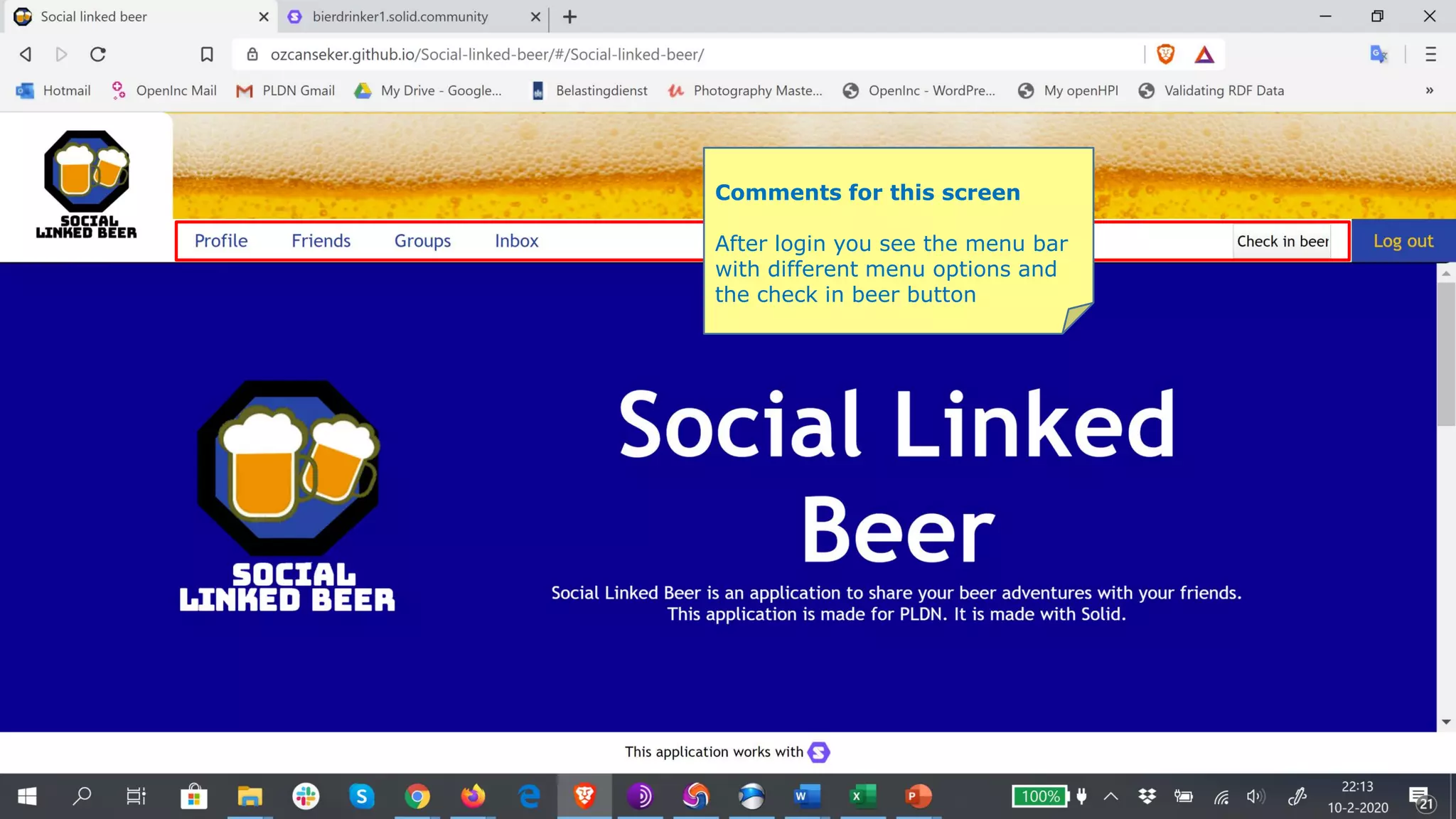 Comments for this screen
After login you see the menu bar
with different menu options and
the check in beer button
 