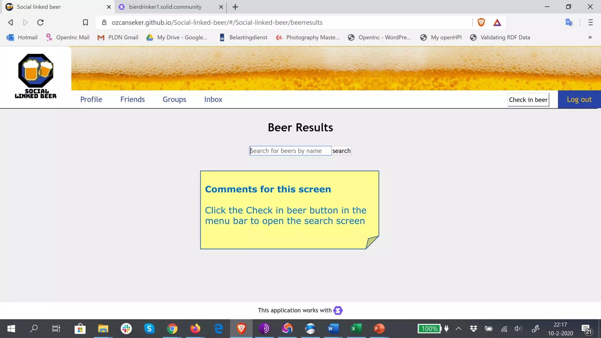 Comments for this screen
Click the Check in beer button in the
menu bar to open the search screen
 