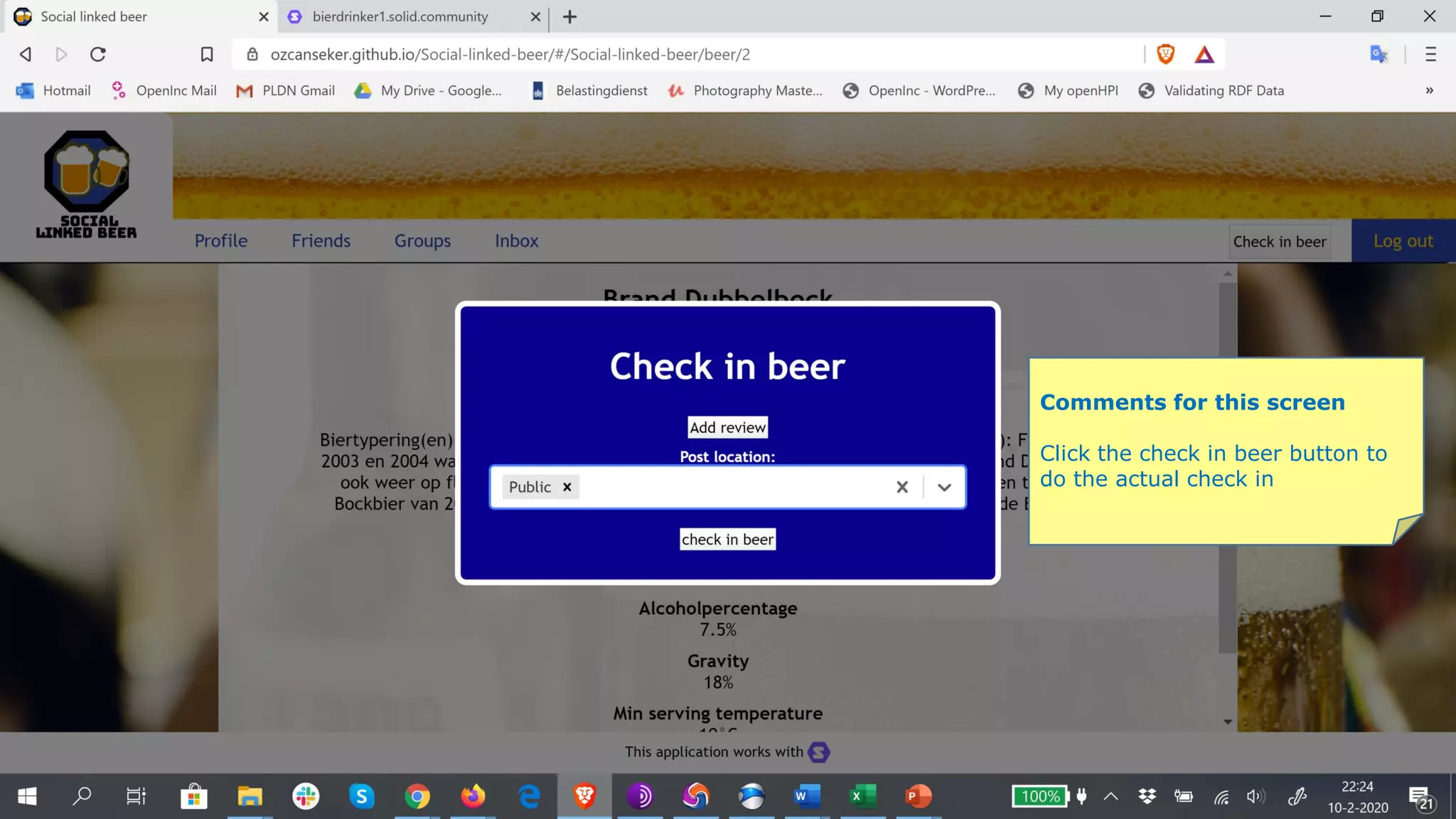 Comments for this screen
Click the check in beer button to
do the actual check in
 