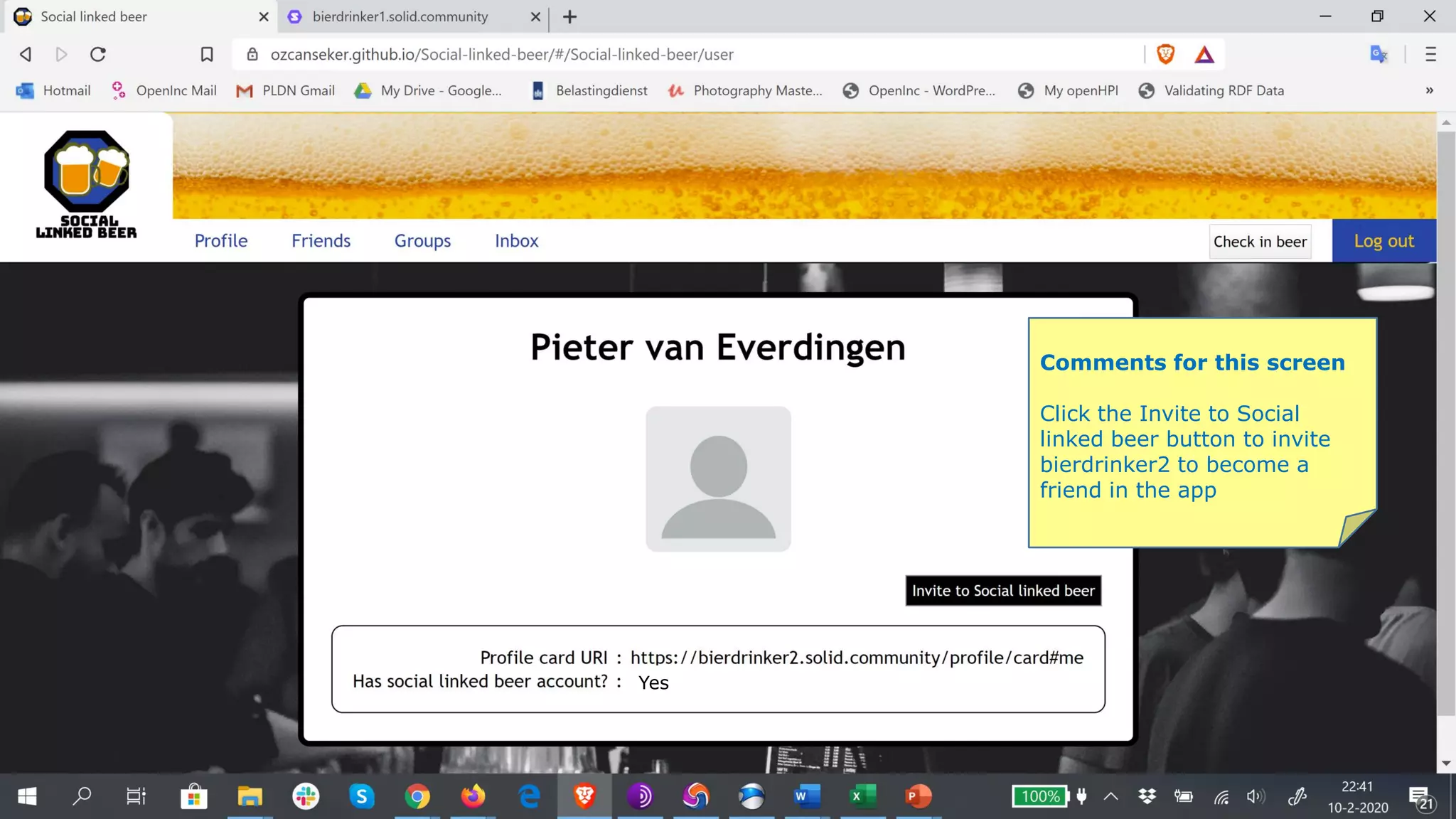 Comments for this screen
Click the Invite to Social
linked beer button to invite
bierdrinker2 to become a
friend in the app
Yes
 