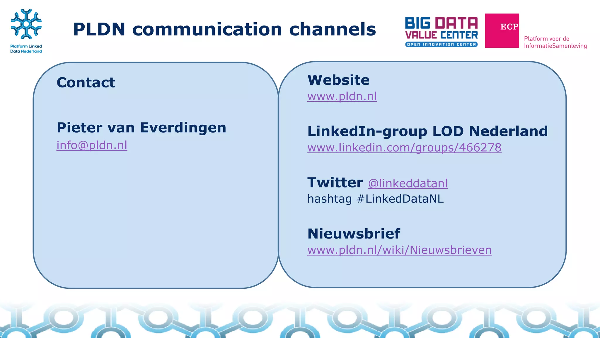 Contact
Pieter van Everdingen
info@pldn.nl
Website
www.pldn.nl
LinkedIn-group LOD Nederland
www.linkedin.com/groups/466278
Twitter @linkeddatanl
hashtag #LinkedDataNL
Nieuwsbrief
www.pldn.nl/wiki/Nieuwsbrieven
PLDN communication channels
 
