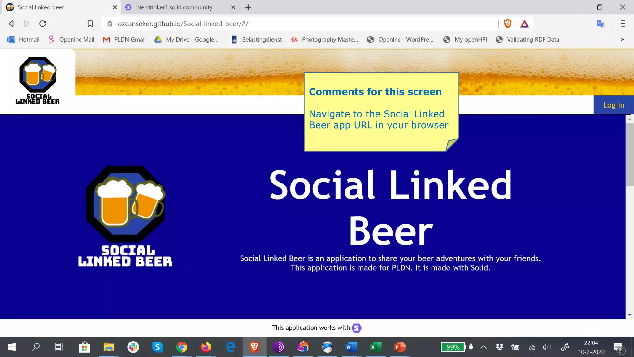 Comments for this screen
Navigate to the Social Linked
Beer app URL in your browser
 