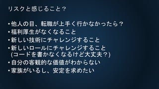 •他人の目、転職が上手く行かなかったら？
•福利厚生がなくなること
•新しい技術にチャレンジすること
•新しいロールにチャレンジすること
(コードを書かなくなるけど大丈夫？)
•自分の客観的な価値がわからない
•家族がいるし、安定を求めたい
リスクと感じること？
 