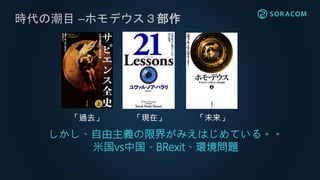 時代の潮目 –ホモデウス３部作
「過去」 「現在」 「未来」
しかし、自由主義の限界がみえはじめている。。
米国vs中国、BRexit、環境問題
 