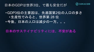 •GDP3位の主要因は、先進国第2位の人口の多さ
•生産性でみると、世界第 28 位
•今後、日本の人口は減少の一方。。。
日本のサステイナビリティには、不安がある
日本のGDPは世界3位、で最も安全だが
 