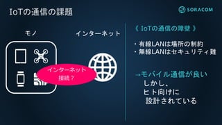 IoTの通信の課題
インターネットモノ
《 IoTの通信の障壁 》
・有線LANは場所の制約
・無線LANはセキュリティ難
インターネット
接続？
→モバイル通信が良い
しかし、
ヒト向けに
設計されている
 