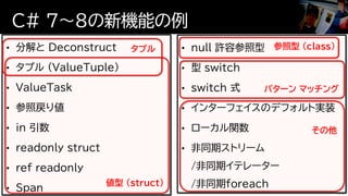 C# 7～8の新機能の例
17
タプル
値型 (struct)
パターン マッチング
参照型 (class)
その他
 