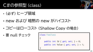 C#の参照型 (class)
26
class FooClass
{
public int Id { get; set; } = 0;
public int Value { get; set; } = 1;
}
 