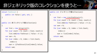 非ジェネリック版のコレクションを使うと…
41
struct FooStruct {
public int Value { get; set; }
}
public int 非ジェネリック版Collection()
{
var list = new ArrayList();
for (var count = 0; count < Size; count++)
list.Add(new FooStruct { Value = 0 });
var sum = 0;
for (var index = 0; index < list.Count;
index++)
sum += ((FooStruct)list[index]).Value;
return sum;
}
public int ジェネリック版Collection()
{
var list = new List<FooStruct>();
for (var count = 0; count < Size; count++)
list.Add(new FooStruct { Value = 0 });
var sum = 0;
for (var index = 0; index < list.Count;
index++)
sum += list[index].Value;
return sum;
}
 
